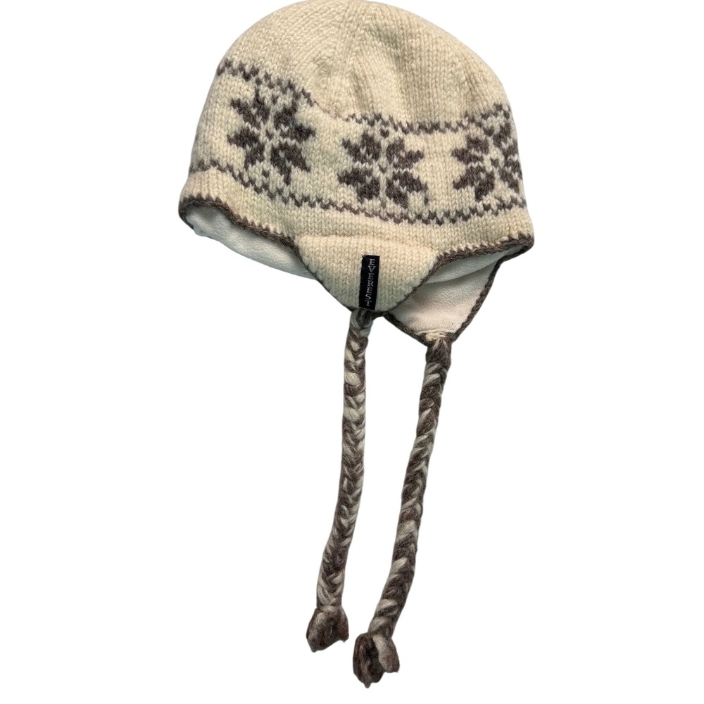 Everest Designs Nepal Wool Earflap Beanie Hat Nordic Snowflake Fleece Lined